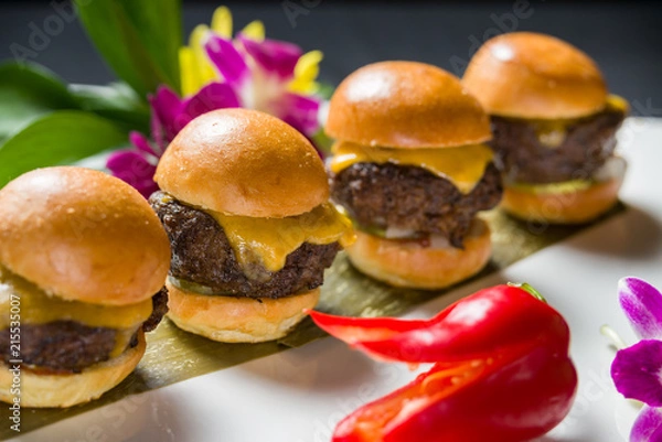 Fototapeta Close up shot of 3 sliders on a plate