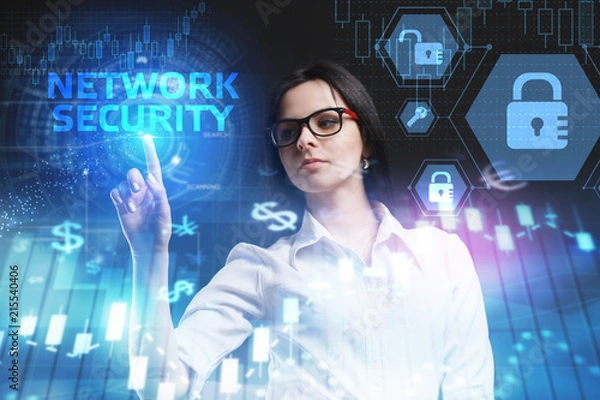 Fototapeta The concept of business, technology, the Internet and the network. A young entrepreneur working on a virtual screen of the future and sees the inscription: Network security
