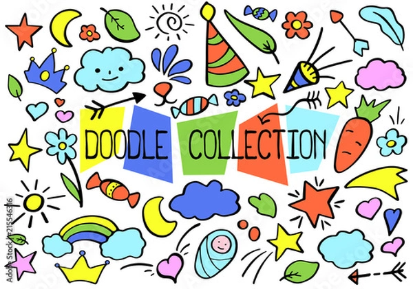 Fototapeta Outlined vector doodle set in bright color palette. Funny nursery doodle collection for journaling or web design.