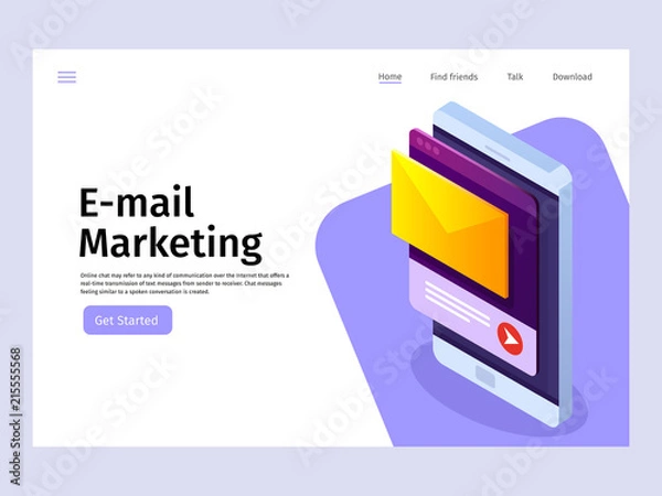 Fototapeta Mobile email notification concept. Email marketing. Landing page template. Vector 3d isometric illustration.