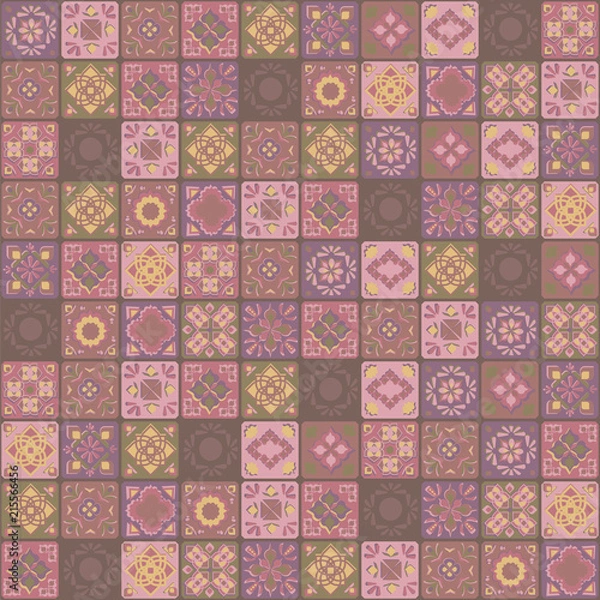 Fototapeta Vector square Indian ornaments brown yellow pink ceramic tiles floral vegetable mosaic oriental folk hand maid pattern seamless pattern.