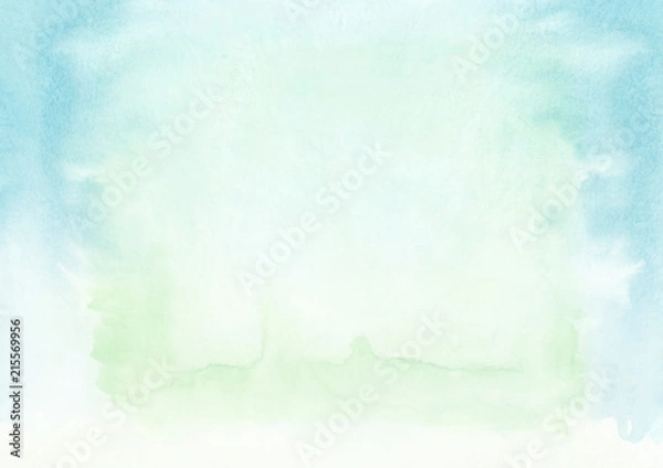 Fototapeta Green and blue horizontal  watercolor  gradient  hand drawn  background. Top part is lighter than other sides of image.
