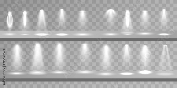 Fototapeta Scene illumination different shapes and projections collection, transparent special effects. Bright lighting with spotlights.
