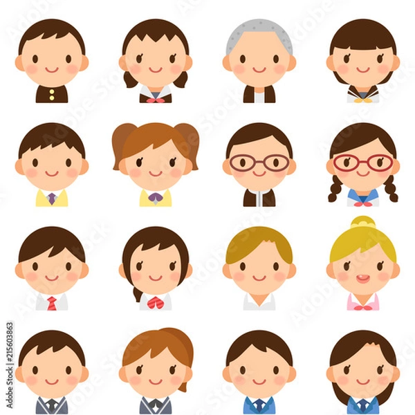 Obraz 様々な学生　男女　顔　かわいい　フラットアイコン　セット