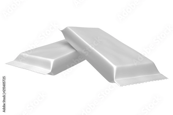 Obraz 3D realistic render of gray blank template package for snack, chocolate or candy. Plastic pack. Clipping path. Isolated on white background