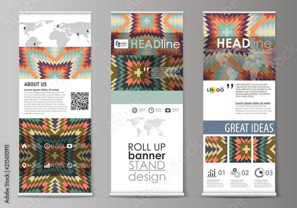 Fototapeta Roll up banner stands, abstract design geometric style templates, corporate vertical vector flyers, flag layouts. Tribal pattern, ornament in ethno syle, ethnic backdrop, vintage fashion background.