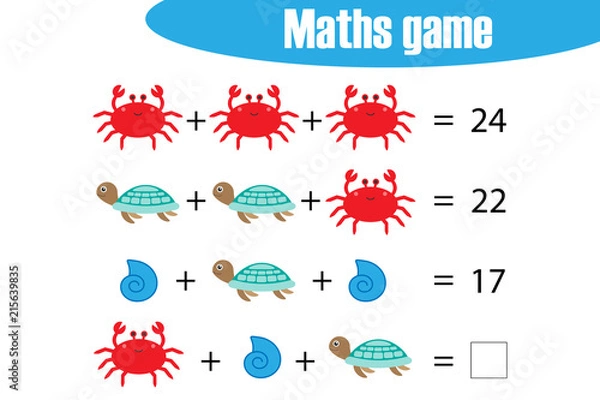 Obraz Maths game with pictures (ocean animals) for children, middle level, education game for kids, preschool worksheet activity, task for the development of logical thinking, vector illustration