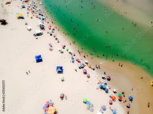 Fototapeta  Aerial view of paradisiac beach with white sand, green sea and colorful umbrella.
