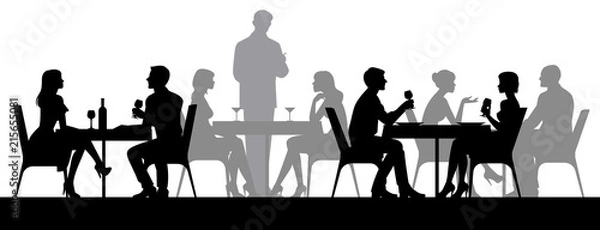 Obraz Czarne sylwetki ludzi siedzących przy stołach restauracji, jedzenie i picie ilustracji wektorowych