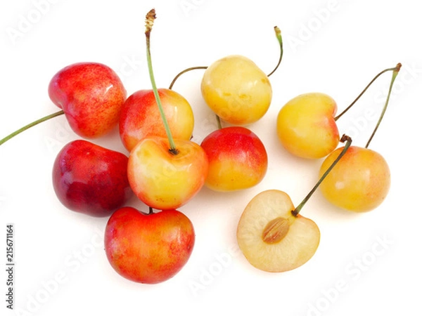 Obraz Sweet and healthy Rainier cherries on white background, fresh fruits