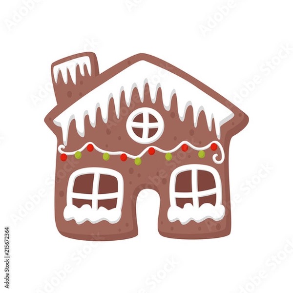 Obraz Gingerbread house decorated with white icing. Tasty holiday cookie. Christmas sweets. Flat vector for party invitation or greeting card