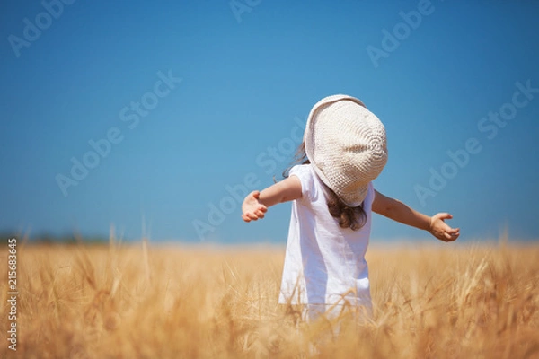 Fototapeta Happy girl walking in golden wheat, enjoying the life in the field. Nature beauty, blue sky and field of wheat. Family outdoor lifestyle. Freedom concept. Cute little girl in summer field