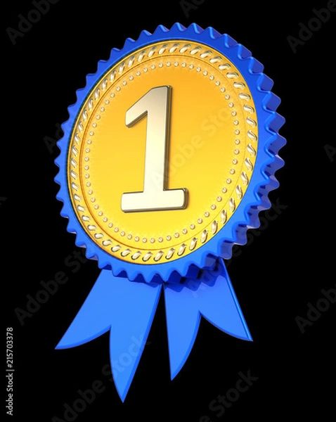 Obraz number one 1 award ribbon, 1st first place medal golden blue. champion winner reward, achievement success icon. 3d illustration. isolated on black