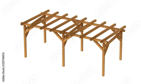 Obraz 3D realistic render of pergola. Wood construction isolated on white background. 