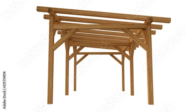 Obraz 3D realistic render of pergola. Wood construction isolated on white background. 