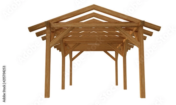 Obraz 3D realistic render of pergola. Wood construction isolated on white background. 