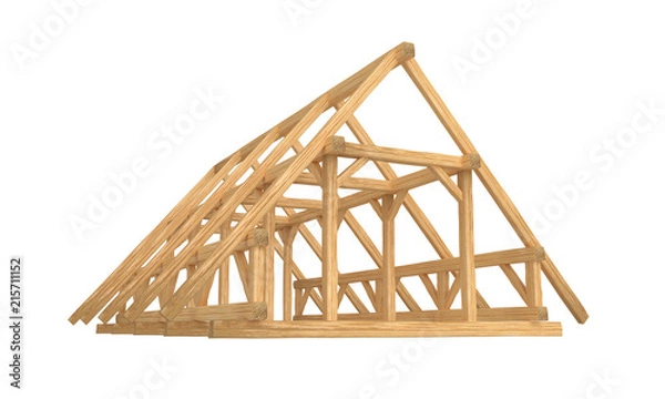 Obraz 3D render of fresh new wood roof construction. Isolated on white background.