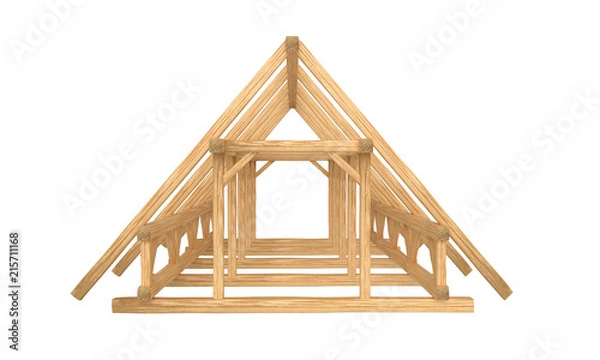 Obraz 3D render of fresh new wood roof construction. Isolated on white background.