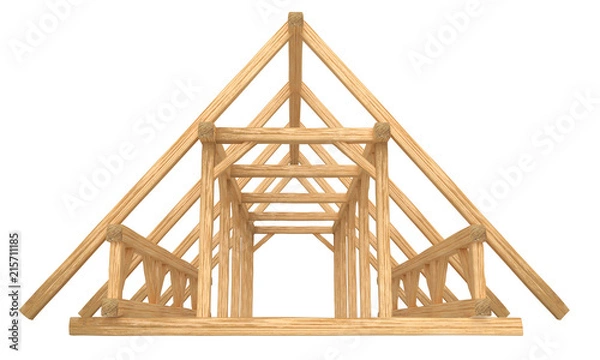 Obraz 3D render of fresh new wood roof construction. Isolated on white background.