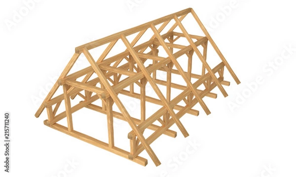 Obraz 3D render of fresh new wood roof construction. Isolated on white background.