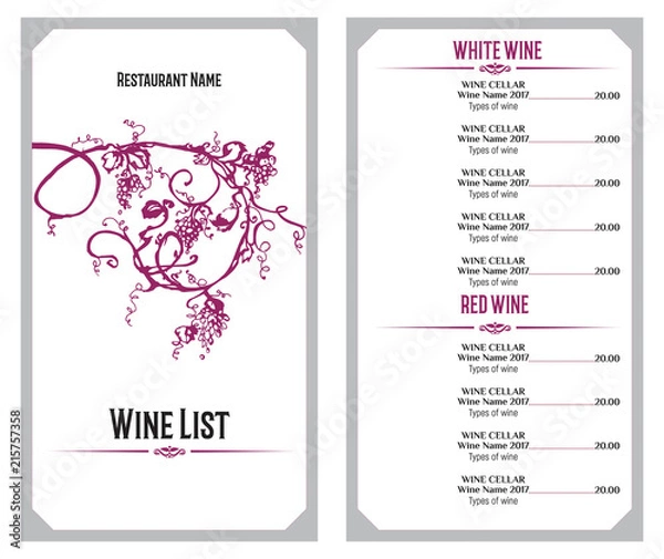 Fototapeta Wine list design template. Hand drawn vine grape. Vintage design of restaurant menu.