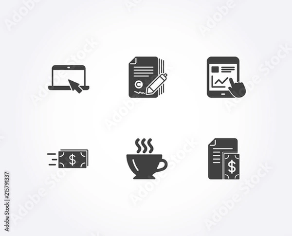 Fototapeta Set of Internet report, Portable computer and Coffee icons. Copywriting, Money transfer and Payment signs. Web tutorial, Notebook device, Cappuccino. Ð¡opyright signature, Cash delivery, Cash money