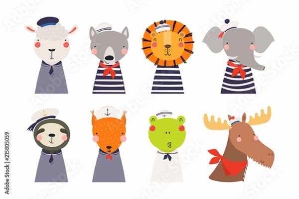 Fototapeta Set of cute funny little animals sailors lion, sheep, wolf, frog, moose, squirrel, elephant, sloth. Isolated objects on white. Vector illustration. Scandinavian style flat design. Concept kids print