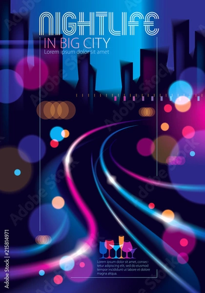 Fototapeta Night city with blurred lights bokeh texture vector illustration. Blur colorful dark background with cityscape, buildings silhouettes skyline. Brochure, flyer, cover, poster or guidebook template.