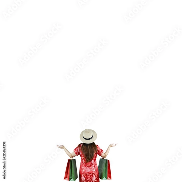 Fototapeta Shopping concept isolate on white background with woman in Chinese dress for Chinese New Year day.