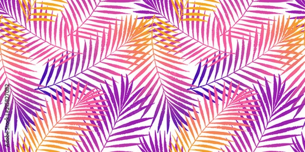 Fototapeta Summer tropical palm tree leaves seamless pattern. Vector grunge design for cards, web, backgrounds and natural product. Colorful fasion illustration