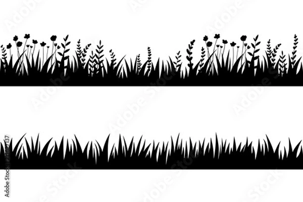 Fototapeta Vector black grass: natural, organic, bio, eco label and shape on white background. Seamless brush, pattern