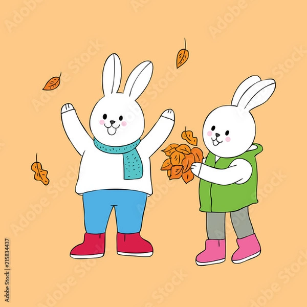 Obraz Cartoon cute rabbits playing leaves vector.