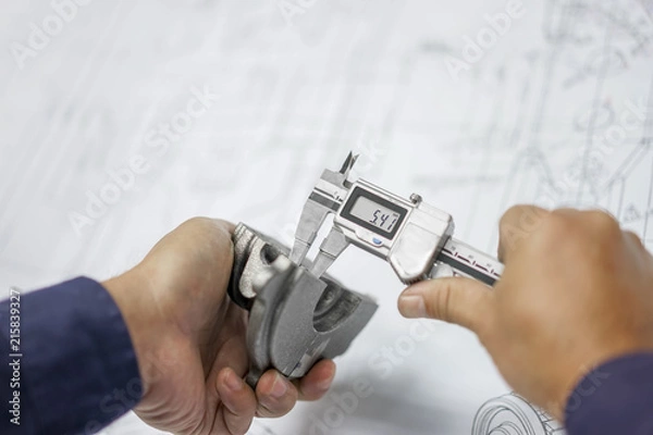 Fototapeta Engineering inspection check dimension automotive parts reference drawing by vernier caliper in factory