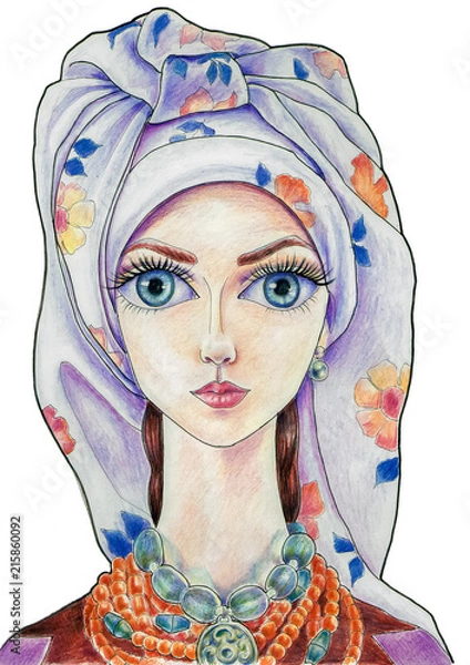 Obraz The girl in a flower head scarf in color (12)
