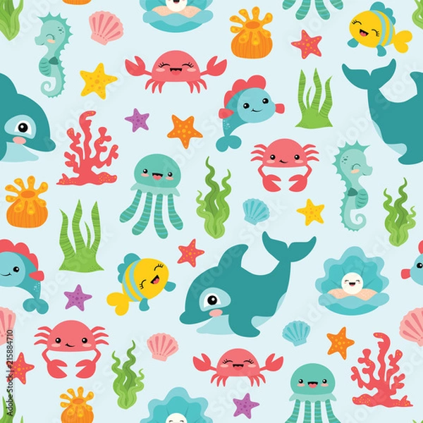 Fototapeta Vector Cute Sea Animals Seamless Pattern Background