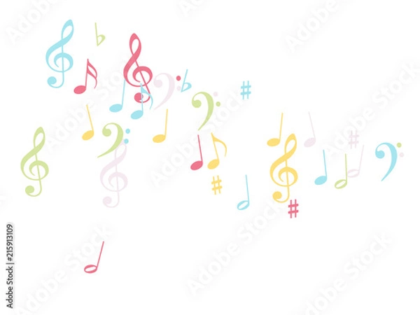 Fototapeta Music Notes Confetti Falling Chaos Vector. Music Symbols Texture Poster Background Elements. Party Night, Festival, Celebration or Concert, Melody Notes Trail. Decorative Song Sheets Chaos Effect.