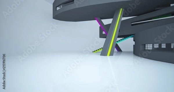 Obraz Abstract white and colored gradient  interior multilevel public space with window. 3D illustration and rendering.