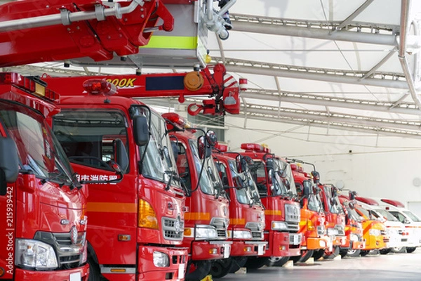 Obraz ズラリと並んだ消防車と救急車