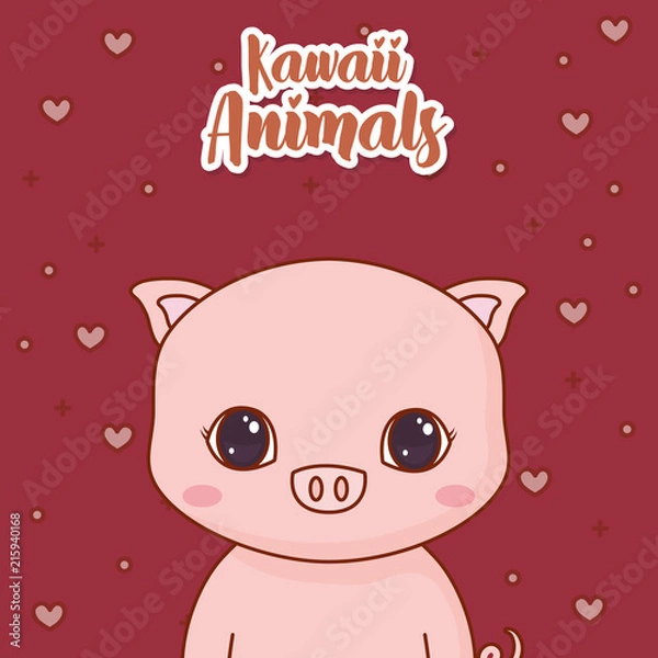 Fototapeta Kawaii pig icon and decorative hearts around over red background, colorful design. vector illustration