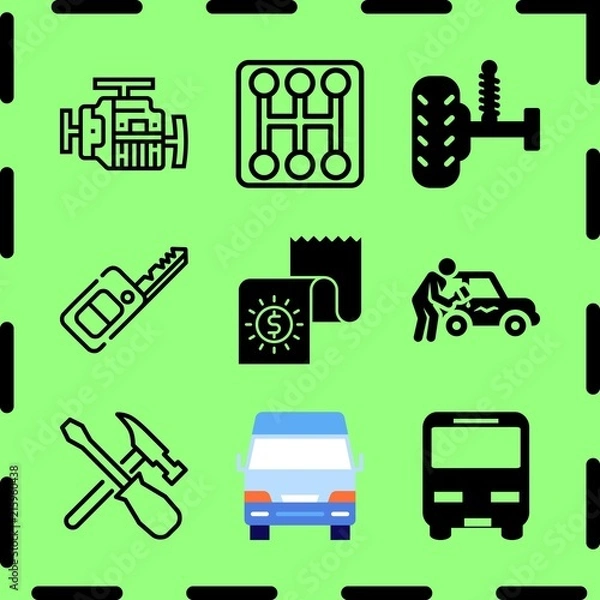 Fototapeta Simple 9 icon set of service related suspension, motor, bus vehicle and gearbox vector icons. Collection Illustration