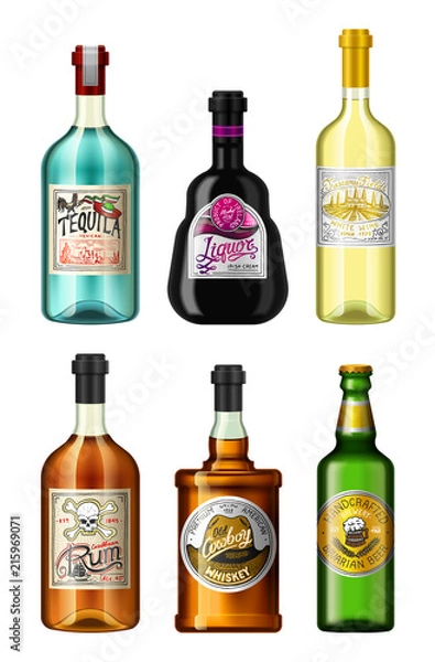 Obraz Alcohol drinks in a bottle with different vintage labels. Realistic Absent Liqueur Tequila Wine Whiskey Beer Rum. Vector illustration for the menu. logo engraved hand drawn.
