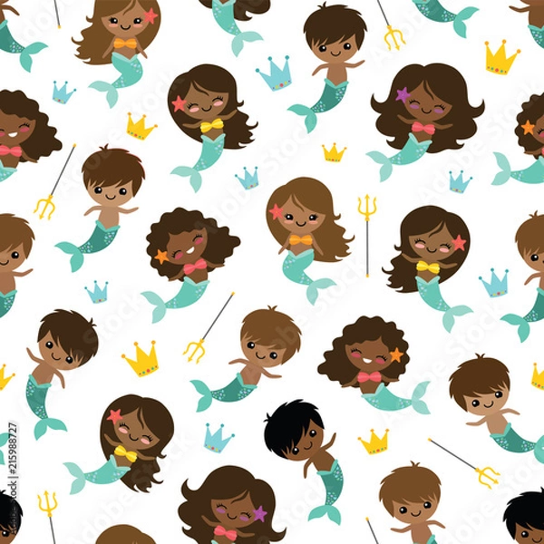 Fototapeta Vector People of Color Mermaids and Mermen Seamless Pattern Background