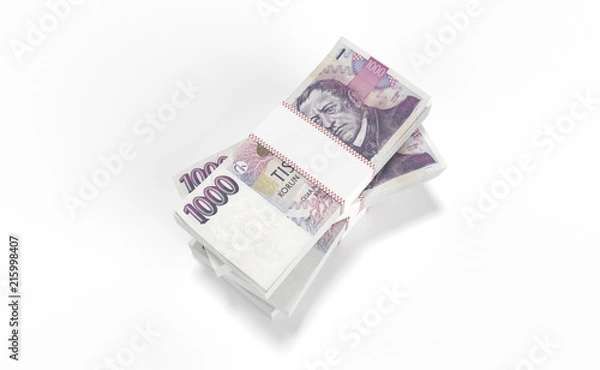 Obraz 3D realistic render of 1000 stack czech crown ceska koruna national money in czech republic. Isolated on white background.