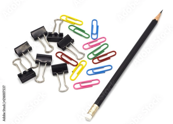 Obraz top view pencil with colorful paper clip, black paper clip. Desk office concept, copy space, isolated on white background