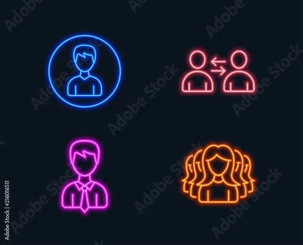 Fototapeta Neon lights. Set of Communication, Businessman and Person icons. Women group sign. Users talking, User data, Edit profile. Lady service.  Glowing graphic designs. Vector