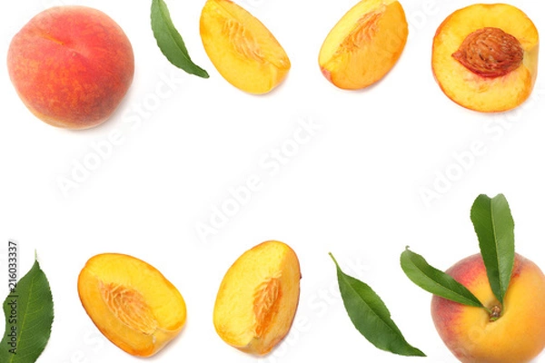 Fototapeta peach fruit with green leaf and slices isolated on white background. top view