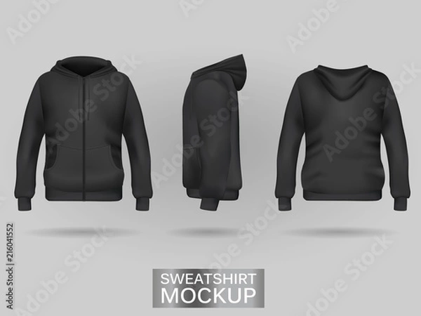 Fototapeta Black sweatshirt hoodie template in three dimensions: front, side and back view, realistic gradient mesh vector. Clothes for sport and urban style