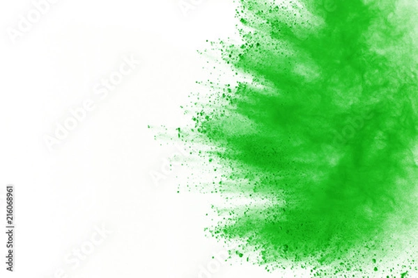 Fototapeta Green powder explosion on white background. Colored cloud. Color dust explode. Paint Holi.