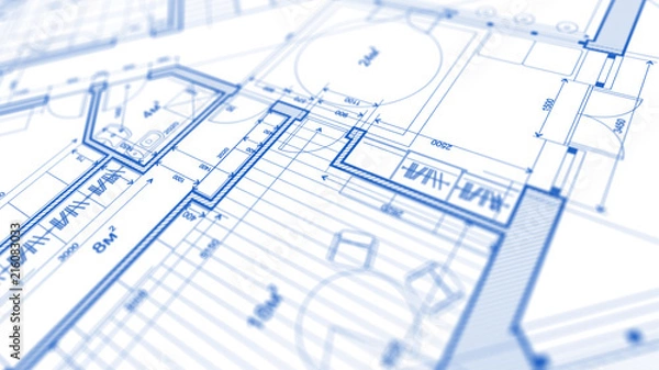 Fototapeta Architecture design: blueprint plan - illustration of a plan modern residential building / technology, industry, business concept illustration: real estate, building, construction, architecture