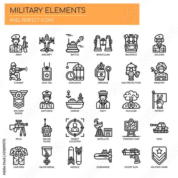 Fototapeta Military Elements , Thin Line and Pixel Perfect Icons
